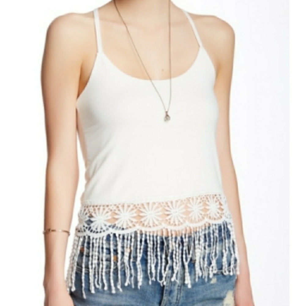 Poof! White Crochet Fringe Tank Top